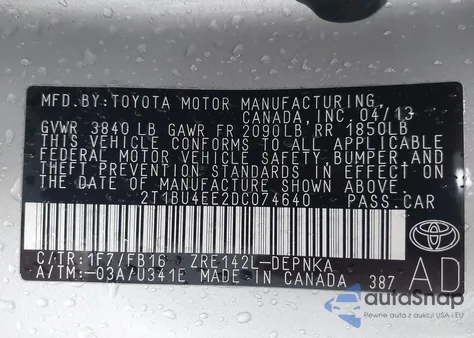 2013 Toyota Corolla Le из США, поврежденный, VIN 2T1BU4EE2DC074640